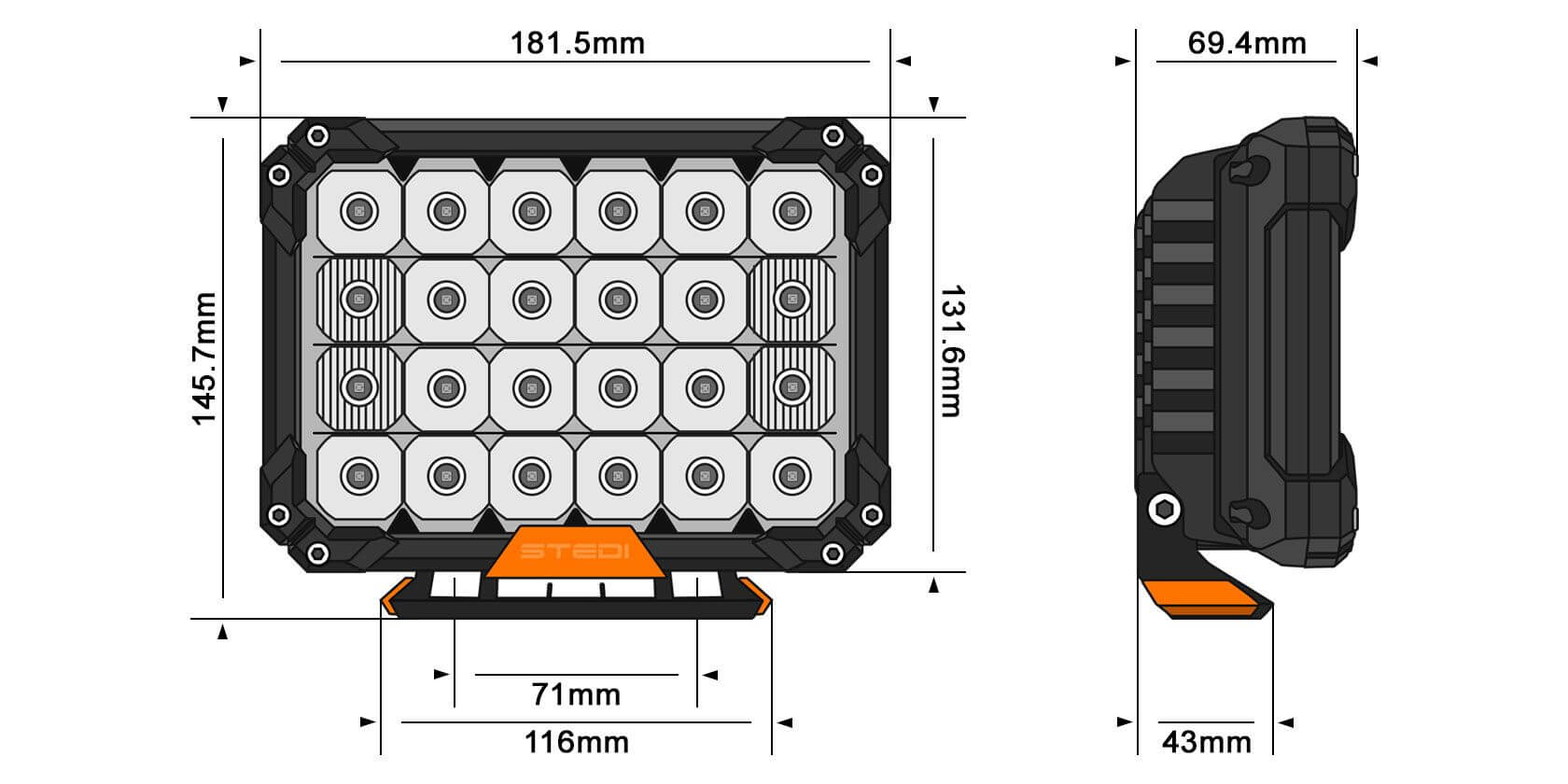 Single Quad Pro LED Spot Light Dimensions